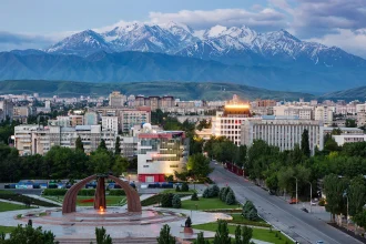 A modern business centre tower in Bishkek, Kyrgyzstan