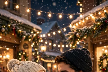 Couple in a festive winter setting with Christmas lights in a Netflix holiday rom-com