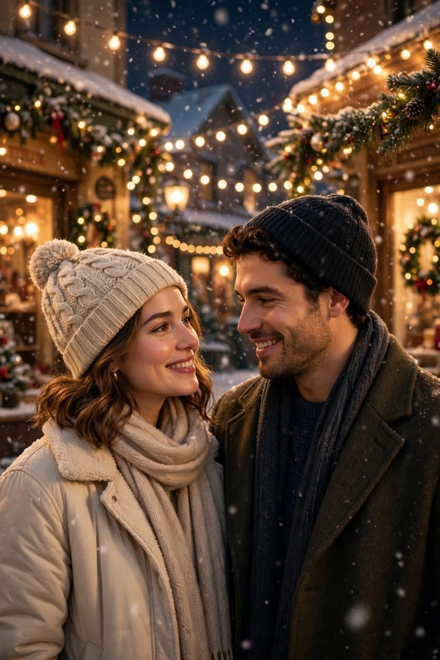 Couple in a festive winter setting with Christmas lights in a Netflix holiday rom-com