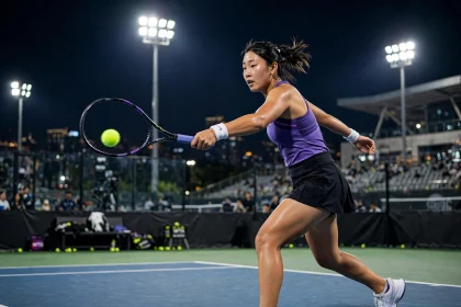 Tennis player in action on a hard court at the Wuhan Open under stadium lights